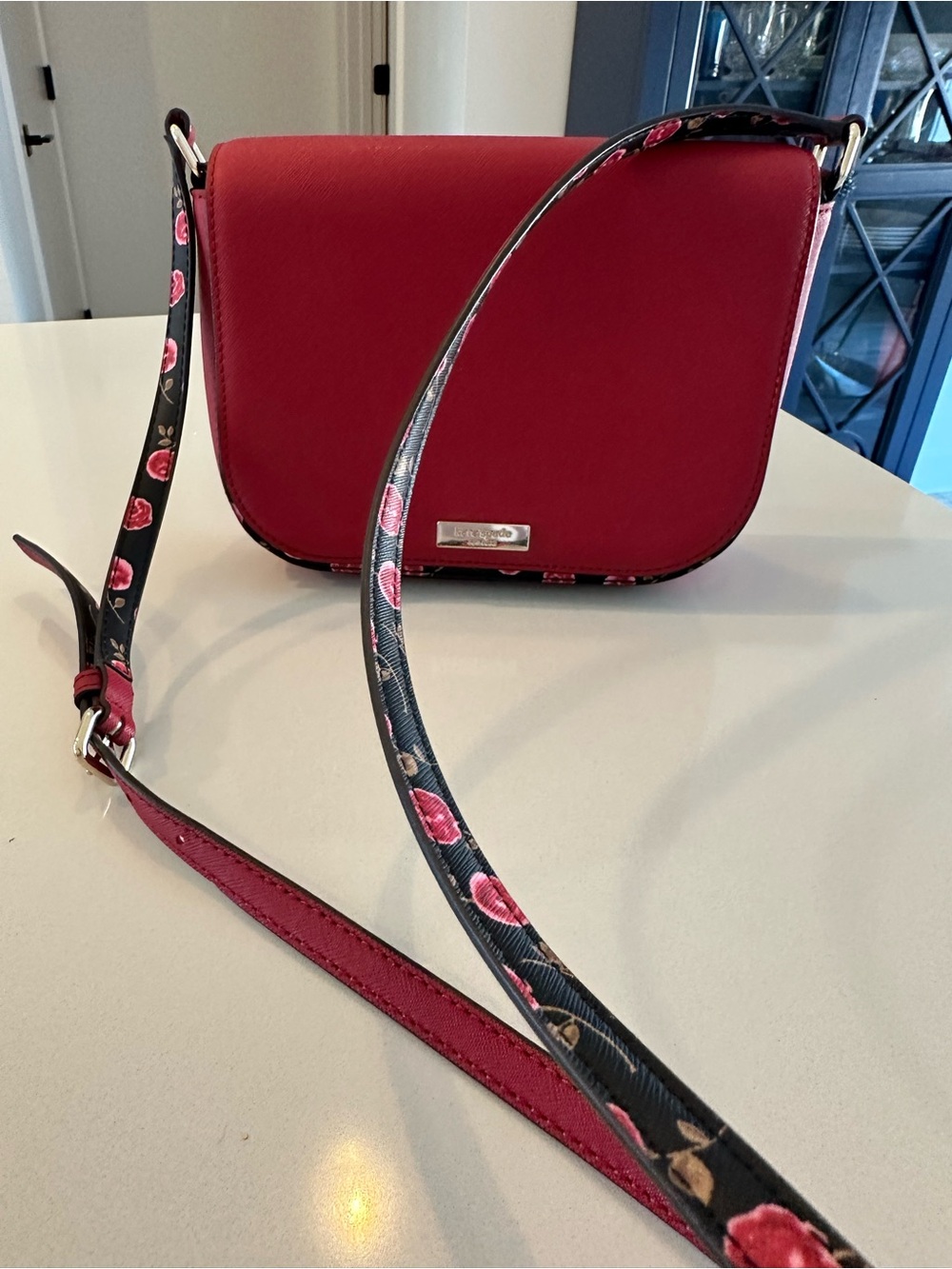 kate spade Red Crossbody with Floral-Printed Black Strap NWOT